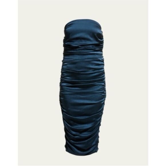Veronica Beard "Kupa" ruched strapless midi dress luxe silk Petrol 8 NWT $648 - Picture 4 of 5